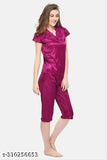 Soft satin women's capri night suit set in solid satin fabric, ideal for bedroom or special nights