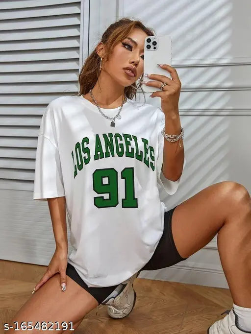 High5 women's white cotton three-quarter sleeve printed t-shirt featuring Brooklyn city skyline design, Made in India