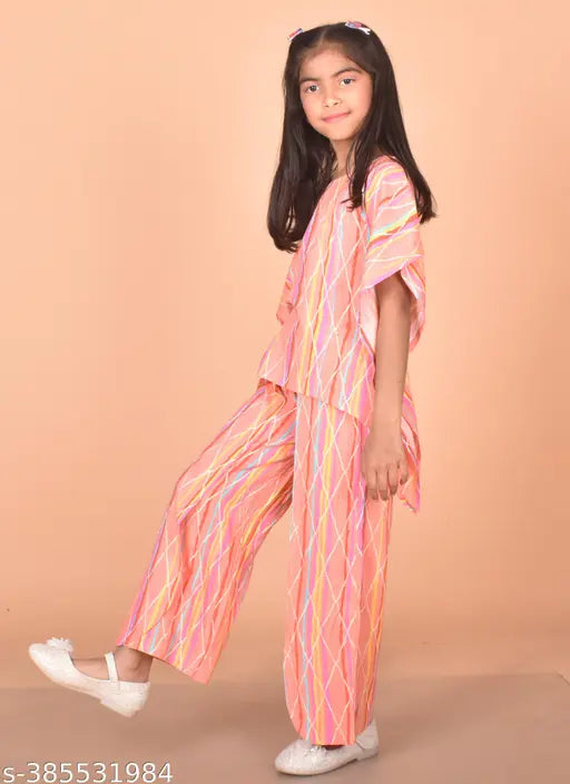 Nanci Girls cotton printed coord set, straight top with short sleeves and palazzos bottoms, 3-4 years size