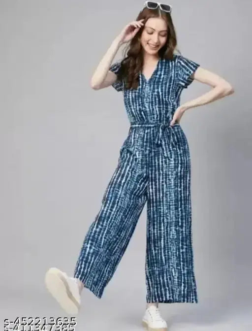 Blue rayon printed net short-sleeved jumpsuit for women, suitable for various occasions. Made in India