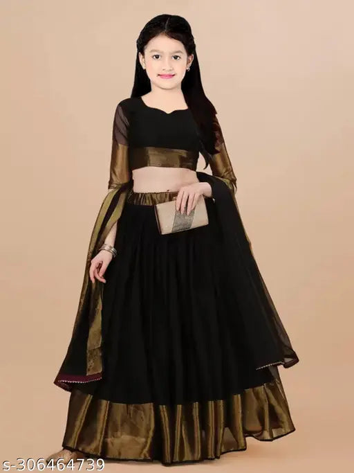 Solid black chiffon kids lehenga & choli set, semi-stitched with lace border duppata for festive or party wear