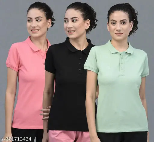 Black cotton blend polo neck t-shirts pack of 3 - Dollar Women's Athletic Solid Polos, India