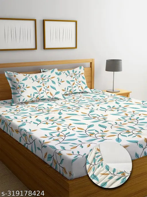 Nile Peach 100 cotton, superfine elastic fitted bedsheet with botanical print for standard king size bed, includes 2 pillow covers