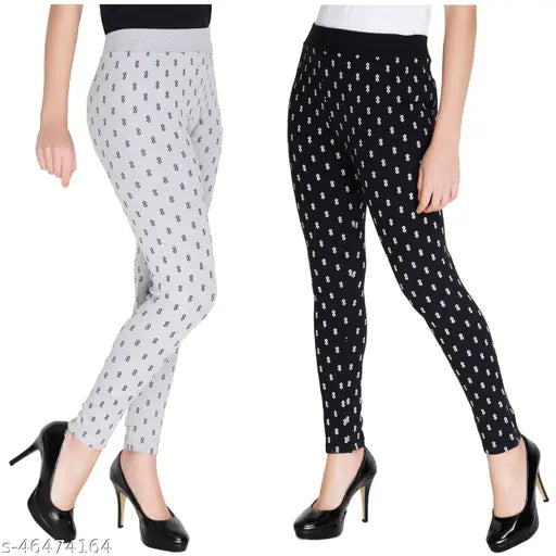 Cotton blend printed net jeggings for women, modern and stretchable ankle length tights on display, available in various sizes including free size (India origin)