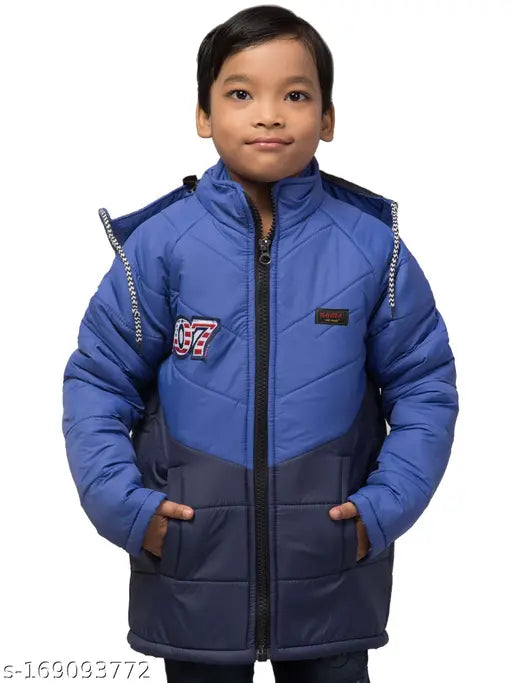 Blue padded jacket with hood, zip closure, and pockets