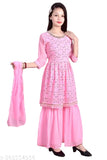 Pink Georgette Sharara Set, traditional Indian ensemble for girls aged 4-12, embellished A-line top with three-quarter sleeves and included dupatta