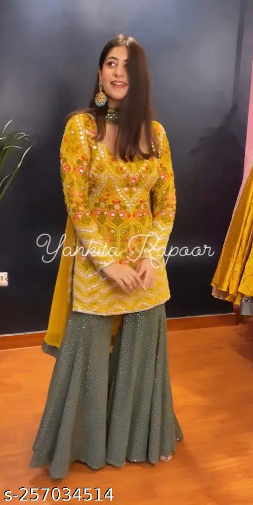 Yellow, cotton kameez with full sleeves and fox geometric pattern on the neckline