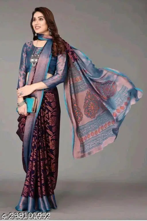 Chiffon micro floral saree fabric, printed net blouse for Indian fashion