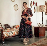 Rayon three-quarter sleeve printed Anarkali gown kurti, stylish trendy for women's ethnic wear, India origin