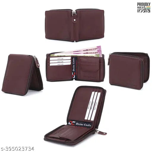 Brown artificial leather men's casual wallet with 4 card slots, printed net pattern, 2 compartments for cash and notes, hand-stitched - Dezire Crafts