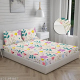 Glace cotton double bedsheet with ethnic motifs, fitted elastic for summer, includes 2 pillow covers, easy to tuck-in on heavy mattresses