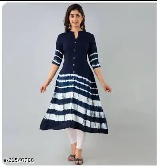 Blue A-line cotton kurti, three-quarter sleeves, printed combo. Women's solid Inavish kurti, XL (46in), SD Fashion, festive collection, India
