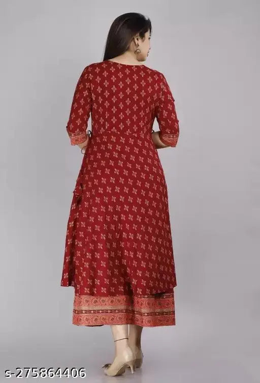 Rayon printed party wear women's kurta with three-quarter sleeves and zari woven pattern. Indian handcrafted long gown for women in sizes S-XXXL