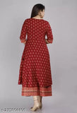 Rayon printed party wear women's kurta with three-quarter sleeves and zari woven pattern. Indian handcrafted long gown for women in sizes S-XXXL