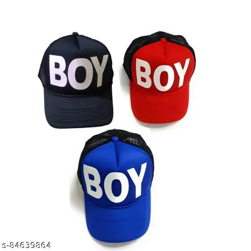Black, red, and blue cotton baseball cap set (3pc), Half net BOY design from India
