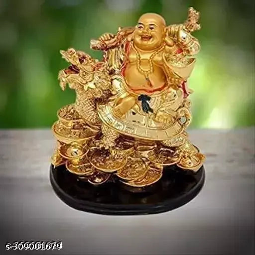 Laughing Buddha Sitting On Tortoise Dragon for Good Health Golden Color Laughing Buddha 3 inch Vaastu Fengshui Showpiece Idol I
