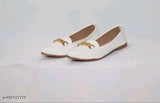 White synthetic leather Jutas and Ballerinas for women with attractive design, flat belly heels. Comfortable daily wear and party shoes under 299 INR