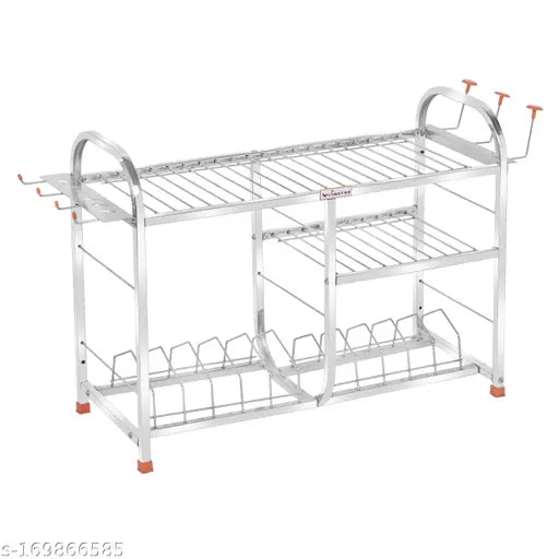 Stainless steel kitchen wall mount rack with three shelves, plate cutlery stand, and lower two-plate level. Modular kitchen storage rack with dish rack attachment. Kitchen organizer with 18 inches height and 24 inches length