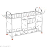 Stainless steel kitchen wall mount rack with three shelves, plate cutlery stand, and lower two-plate level. Modular kitchen storage rack with dish rack attachment. Kitchen organizer with 18 inches height and 24 inches length