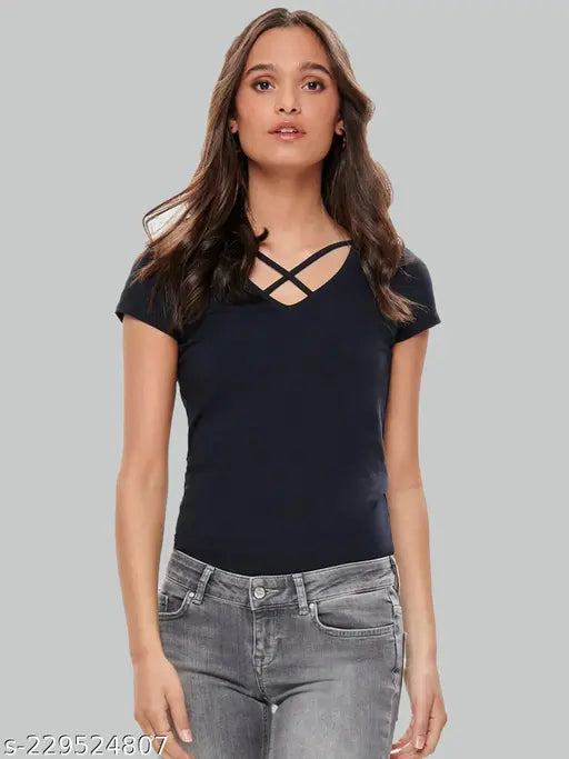 Black cotton V-neck T-shirt for women, branded by TRENDS TOWER. Soft, breathable, and durable construction for versatile style options