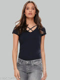 Black cotton V-neck T-shirt for women, branded by TRENDS TOWER. Soft, breathable, and durable construction for versatile style options