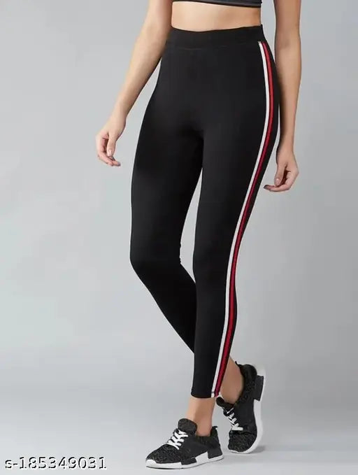 Stretchable striped Lycra jeggings, ankle length workout trousers in 4500 rad white color, free size 28-36 inch