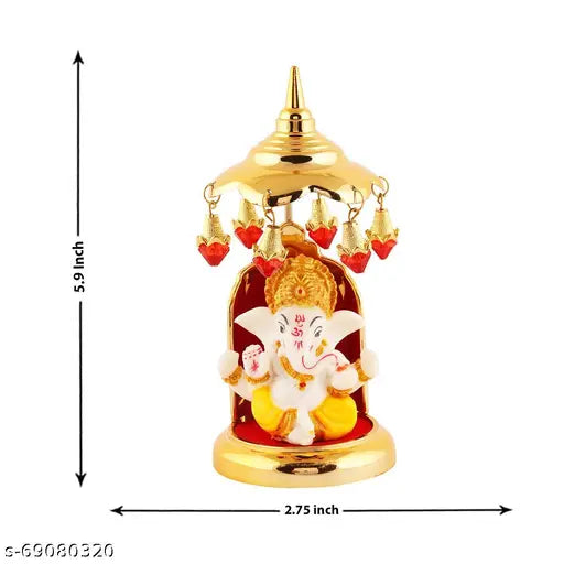 Marble Ganesh Idol with Gold-Plated Umbrella Stand, spiritual decor for home, office, car, or small temple (3"x6")