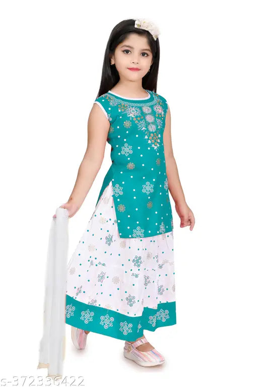 Teal and white printed Chanderi cotton kurta, skirt set with dupatta for girls - vibrant Indian traditional outfit for young girls aged 1-10 years