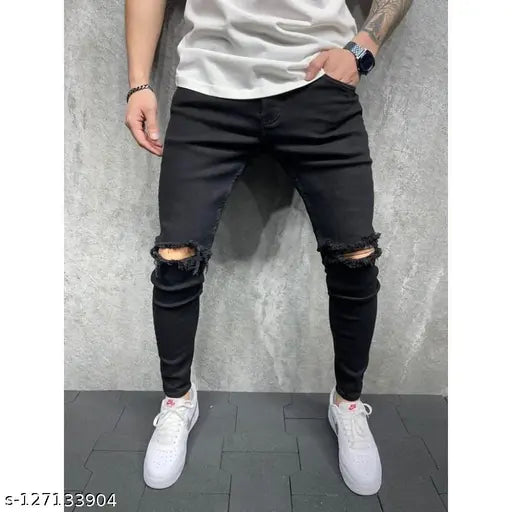 Elegant blue cotton slim fit stretch jeans for men, fashionable attire on model