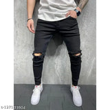 Elegant blue cotton slim fit stretch jeans for men, fashionable attire on model