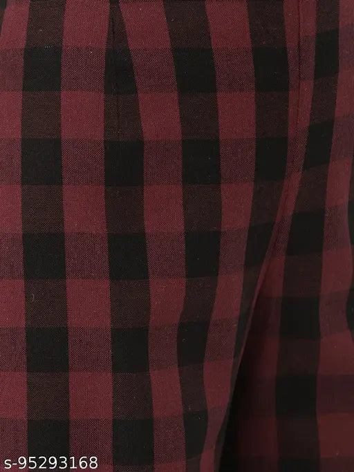 Maroon cotton asymmetric flared kurta with mandarin collar and elasticated palazzo set, checked pattern, three-quarter sleeves, single size options available