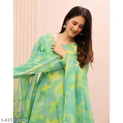 Georgette printed colorblocked kurta gown with dupatta, perfect for Indian weddings and special occasions