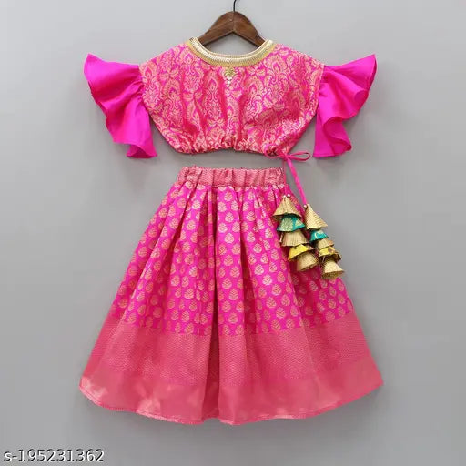 Silk and jacquard kids lehenga choli with short sleeves, zari woven pattern, stitched net, available in sizes 1-2 years, 3-4 years, 5-6 years, 7-8 years, 9-10 years. Indian handcrafted traditional wear." (118 characters)