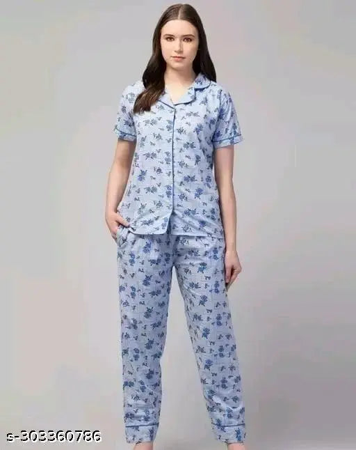 Stylish printed cotton night suits, two-piece pyjama set with short sleeves, vibrant pattern on soft cotton fabric