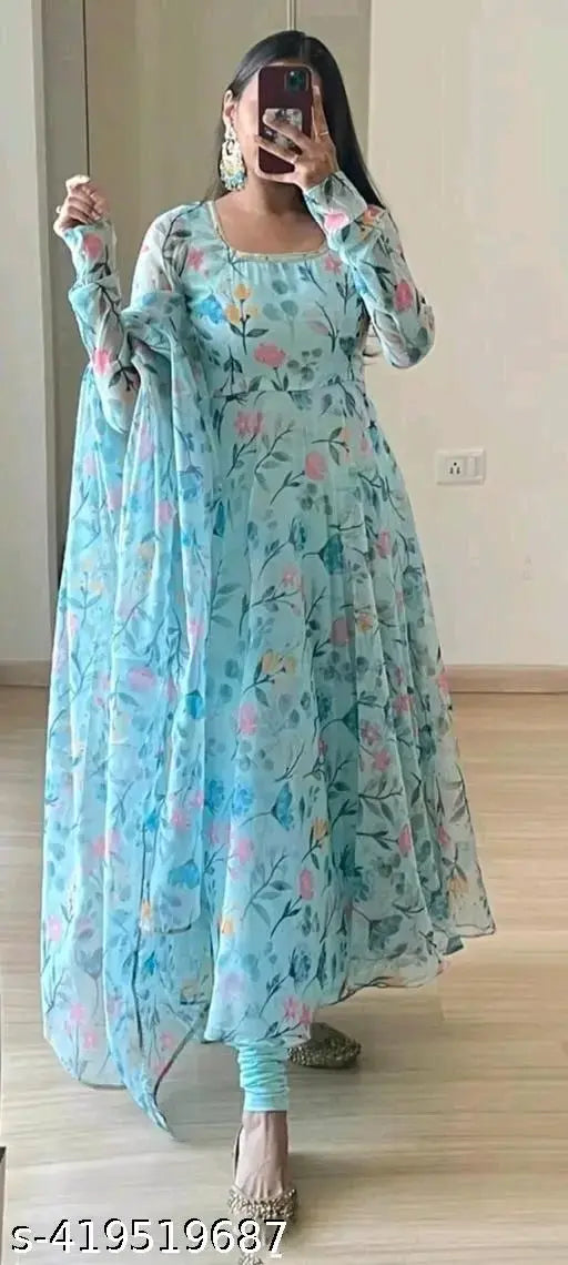 Trendy printed georgette short-sleeved women's gown (XS-XXXL), Indian handcrafted fashion on mannequin