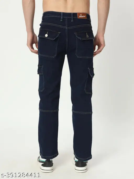 Solid navyblue denim jeans for men, stretchable mid-rise, regular length, straight fit - Made in India