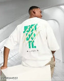 Men's white drop-shoulder sleeves pure cotton T-shirt, "Just Do It" graphic in vibrant green and yellow, ideal for casual outings, sports activities, and everyday wear. Made from 100% breathable cotton, machine washable, and available in sizes S-XXL