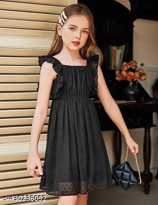 Girl's Swiss Dot stretchy A-line flutter sleeve casual dress, ideal for 312 years kids