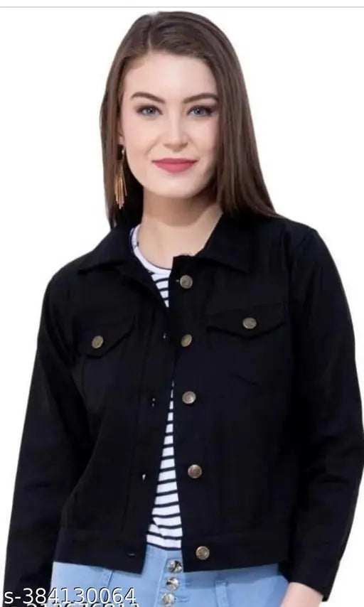 Black denim jacket, solid pattern, long sleeves, size S (bust 34in, length 20in), made in India