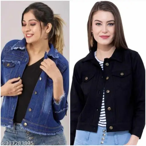 Black denim jacket, white top, casual style
