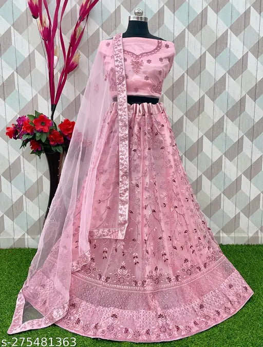 Art Silk pink embroidered net semi-stitched Lehenga, unstitched Blouse with Dupatta by Gopinath Handwork. Traditional Indian bridal wear for women