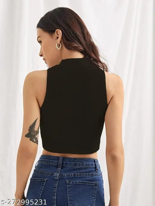 White striped embroidered high-neck rib knit crop top, Indian handcrafted women's tank top with medium-high neck & short length