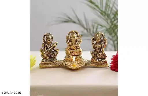 Metal MISHA Laxmi Ganesh Saraswati with Diya decorative showpiece from India