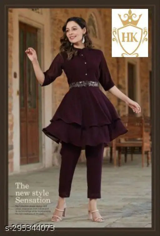 Georgette kurta set with palazzos in solid net, trendy three-quarter sleeves, Indian origin