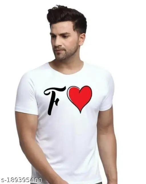 F Heart printed polyester t-shirt for men, vibrant design, short sleeves, Made in India