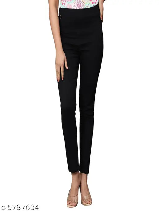 Denim skinny fit jeggings with broad elastic belt, black and grey, high waist, for women on mannequin