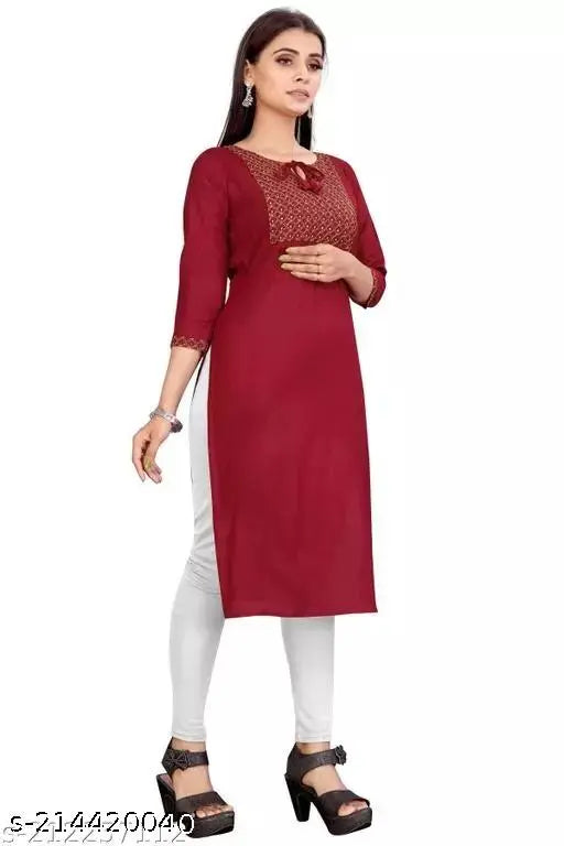 Rayon kurti under 300, solid-colored traditional Indian clothing for women with three-quarter sleeves