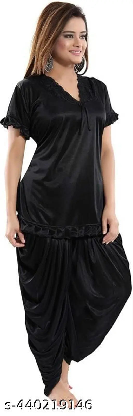 Black satin solid night suit set: Patiala top & pyjama for women and girls, comfortable and stylish sleepwear