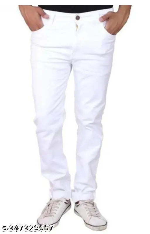Cotton blend plain white jeans for men, Flaying Men RIEKFHR - Solid denim on mannequin, size 28/30/32