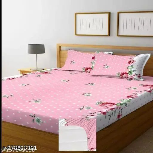 Glace cotton fitted bedsheet with floral pattern & 2 pillow covers, upgrades summer bedroom decor